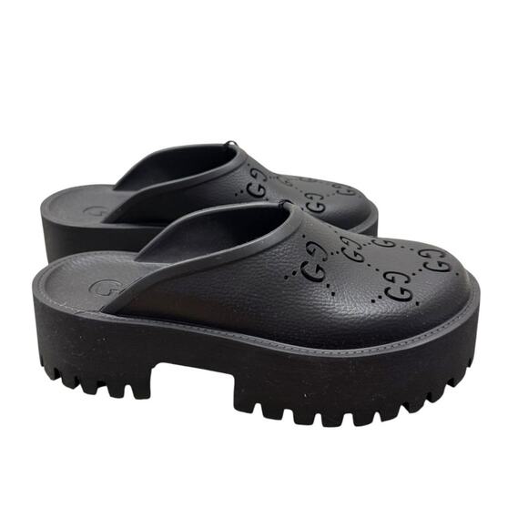 Gucci Womens Rubber Perforated Black GG Platform Clog Slip On Shoes 39 - Picture 1 of 4